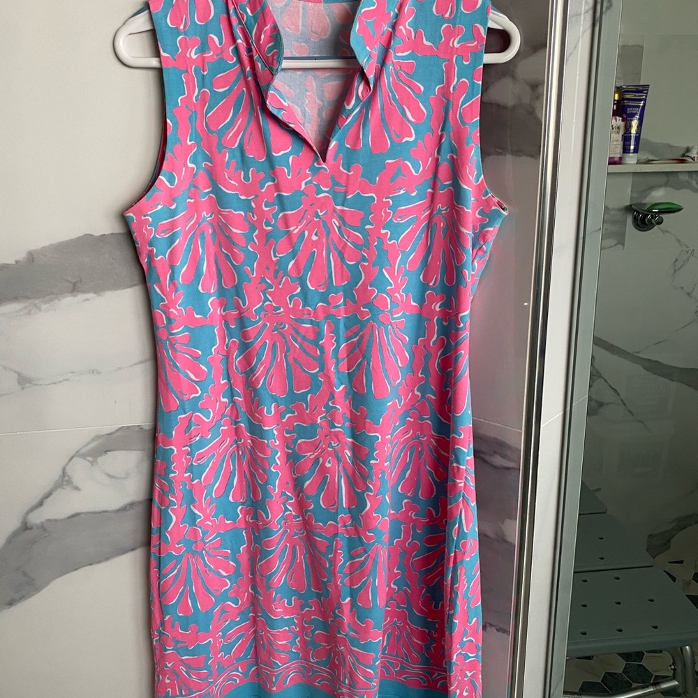 Barbara Gerwit Pink and Blue Sheath Dress with Notched Collar size Medium